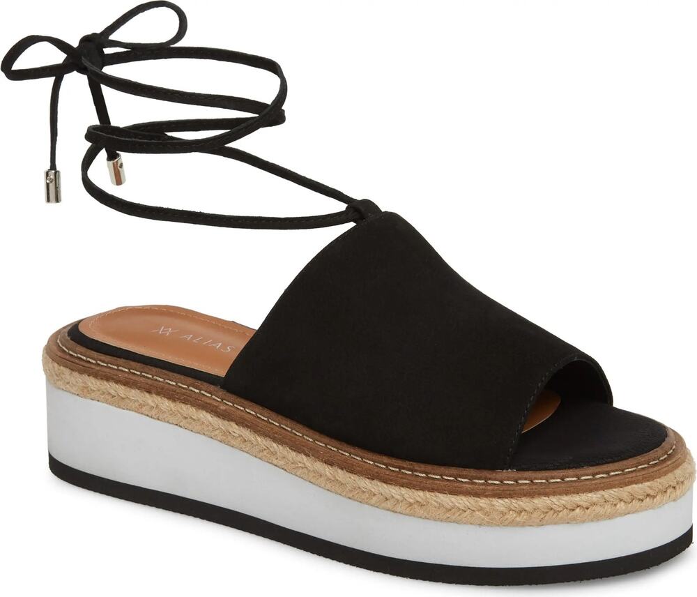 ALIAS MAE Nickel Wedge Slide Black White Espadrille Ankle Tie Women's 37/US 7
